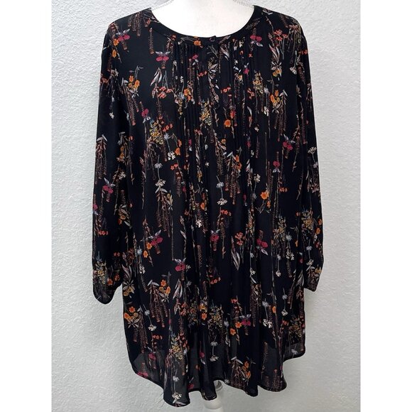 GIBSON LATIMER Womens 2X Black Floral Peasant Blouse TUNIC Roll-Tab Boho EUC - Picture 1 of 7